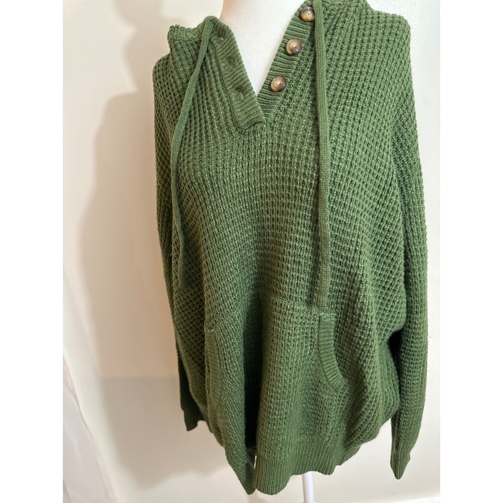 CICI Olive Green Waffle Knit Henley Hoodie Sweater Large Womens